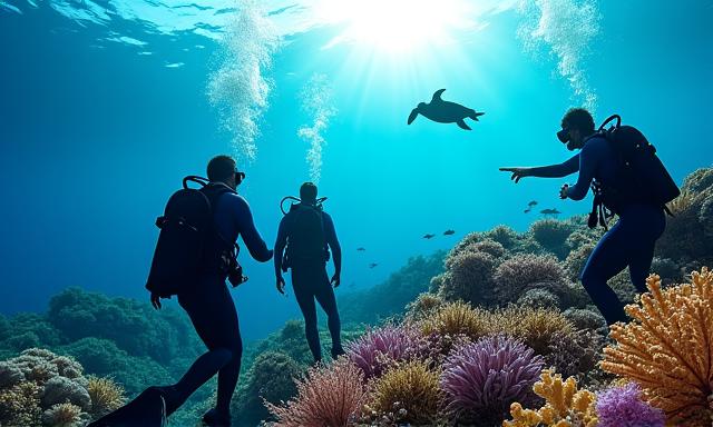 Groupe de plongeurs explorant un récif coralien